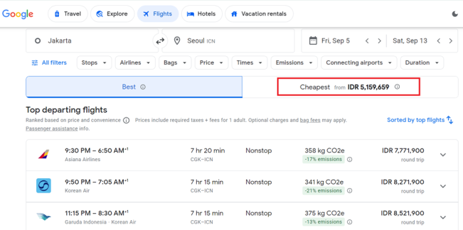Fitur harga termurah di Google Flight. (Google)